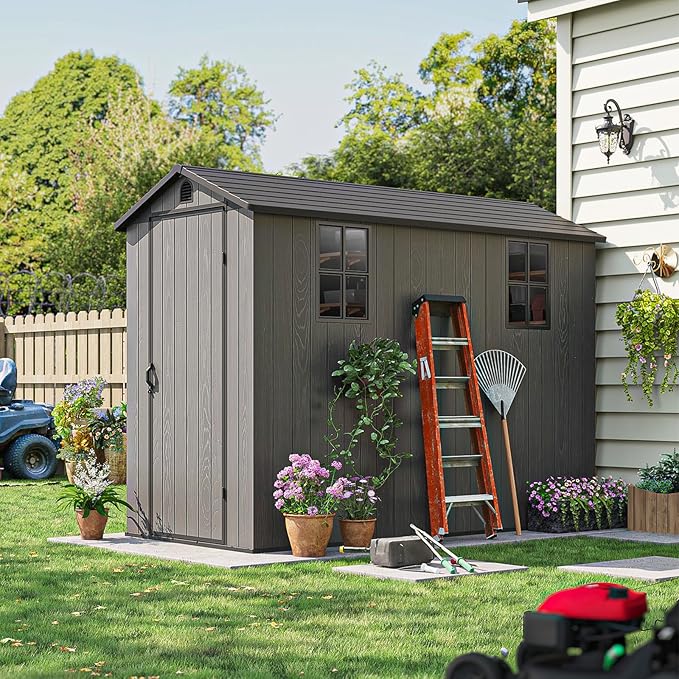 Patiowell 4 x 8 FT Plastic Outdoor Storage Shed with Floor, Garden Tool Shed with Two Windows and Single Lockable Door for Garden, Backyard, Lawn, Easy to Install (Dark Grey) (Fit-it Shed)
