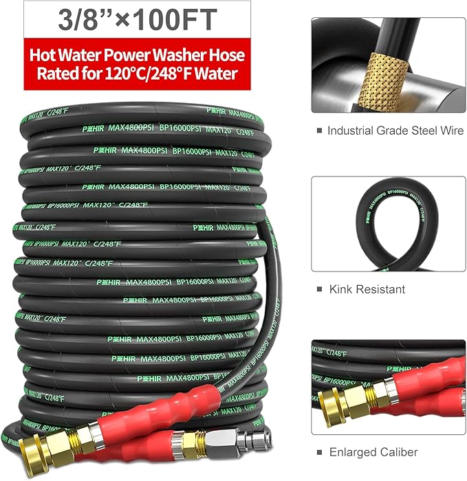 POHIR Pressure Washer Hose 100 ft 3/8 Inch for Cold and Hot Water 248°F End 3/8'' Quick Connect, 4800psi Kink Resistant Industrial Grade Steel Wire Braided, 2pcs M22-14mm Swivel to 3/8'' Adapter Kit