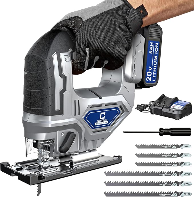 Jigsaw Compatible With Dewalt 20v Max Battery, Cordless jig saw Brushless Motor, 0°- 45° Bevel Cuts, LED Light with 3 Position Orbital Setting (With 5Ah Battery & Charger Station Kit)