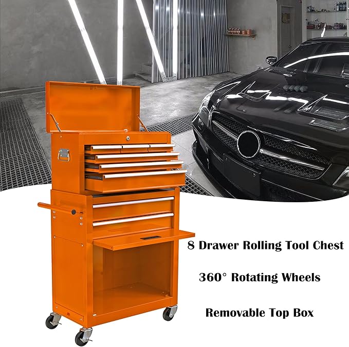 8 Drawers Rolling Tool Box Organizer,High Capacity Tool Chest with Wheels,Lockable Rolling Tool Chest with Bottom Cabinet, Tool Box Rolling Workshop Storage Cabinet (8 Drawers(Orange))