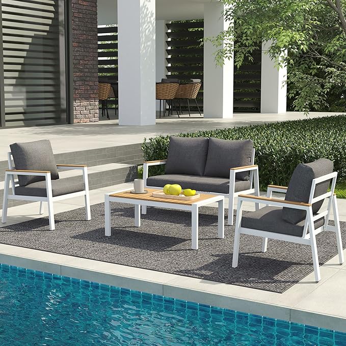 JOIVI Aluminum Patio Furniture Set, 4 Pieces Outdoor Conversation Set with Teak Coffee Table & Cushion, Outdoor Sectional Sof Set, Outside Furniture for Deck, Backyard, White