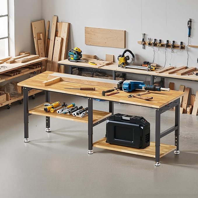 84” Adjustable Work Bench, 2-Layer Heavy Duty Workbench, 6000 LBS Capacity Workbench with Pegboard & Power Outlet, Rubber Wood Work Table for Garage, Office, Workshop, Home