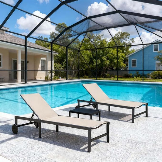 PURPLE LEAF Outdoor Chaise Lounge Chairs Set Recliner Aluminum Adjustable Chair with Wheels and Side Table for Poolside Beach Patio Sunbathing Lounger, Beige