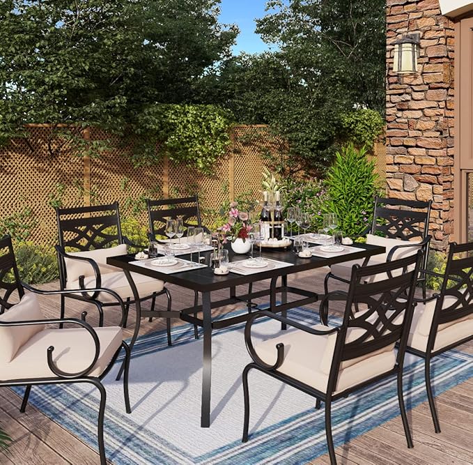 MFSTUDIO Outdoor Dining Set for 6, Patio Table and Chairs Set with Umbrella Hole, 7 Piece Patio Furniture Dining Set for Deck Backyard Garden