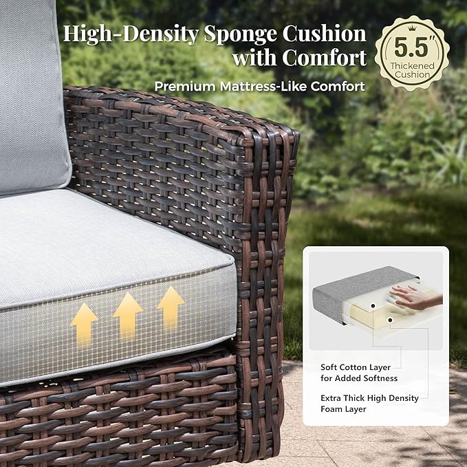 6-Piece Wicker Patio Furniture Set with Swivel Chairs, High Back Outdoor Sofa with 5.5-inch Thick Cushion, All-Weather Wicker Patio Conversation Set for Deck Yard Pool, Grey