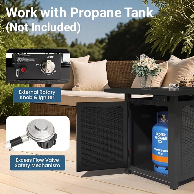 Black Propane Fire Pit Table, 50000 BTU Gas Fire Pits Table with Removable Lid and Lava Rock, Rectangular Fire Table with Cover, Ideal for Dining or Party on Patio, 43'', Garden, Yard