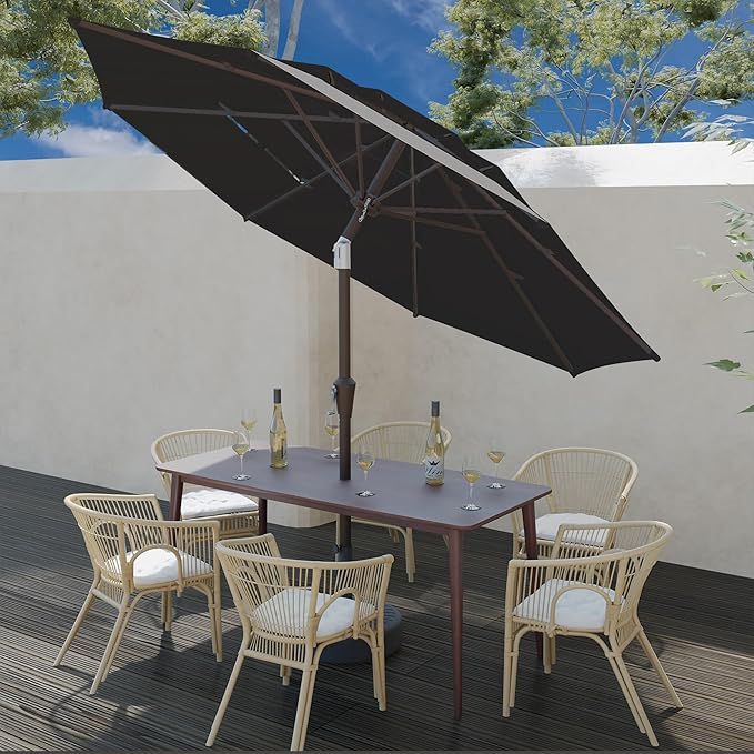 9FT 3 Tiers Patio Umbrella With Auto Tilt and Crank, Outdoor Table Market Umbrella with 8 Sturdy Ribs for Garden,Lawn,Deck,Backyard and Pool,Black