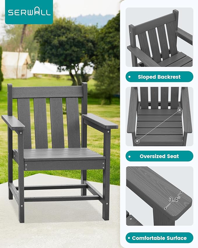 SERWALL 3 Pieces Patio Bistro Set, All Weather Adirondack Chair Set with Side Table, HDPE Material Outdoor Patio Furniture Set for Balcony, Porch, Garden, Backyard- Gray