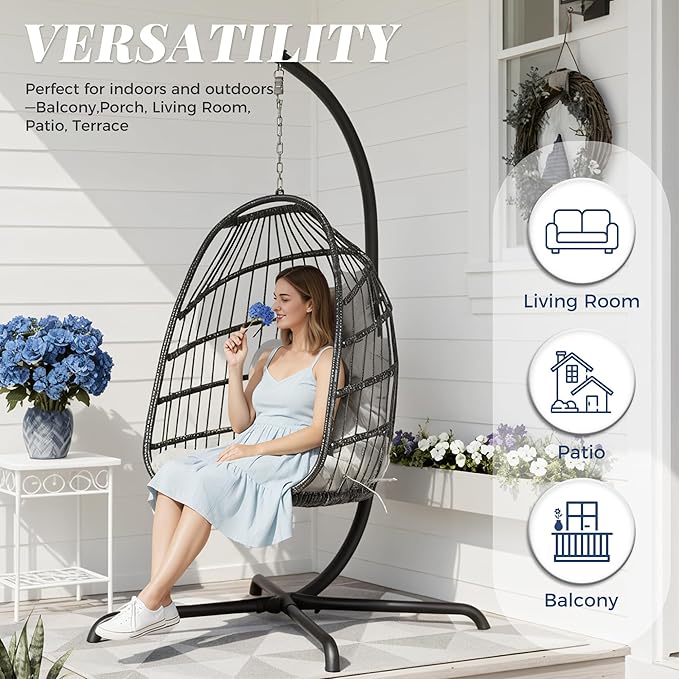 BLUEXYARD Heav-Duty Wicker Egg Chair Outdoor with Stand, 350 Lbs Rattan Patio Swing Chair with Cozy Cushion, Modern Foldable Eggshell Hanging Hammock Seat for Balcony Garden Bedroom, Light Grey