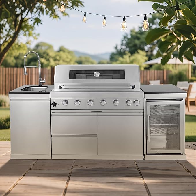 85 Inches 6-Burner 85000 BTU Deluxe Stainless Steel Propane Gas Outdoor Kitchen Bar Barbecue Island Grill with Wine Cooler, Compact Refrigerator, Rotisserie, Granite Countertops & Storage, Silver