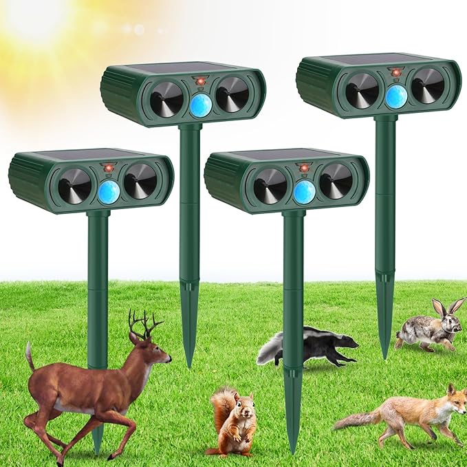 4 Pack Ultrasonic Animal Repellent Solar Deer Repllent Devices Cat Repellent Outdoor Animal Deer Deterrent Scare Squirrel, Raccoon, Skunk, Rabbit, Dog with Motion Detector for Yard Garden