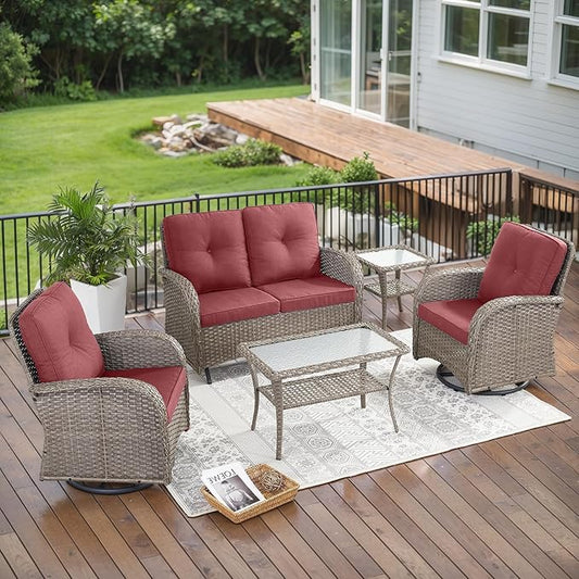 Belord 5 Piece Outdoor Patio Furniture Set with Deep Seating Swivel Rocker Chairs Loveseat and Rattan Coffee Table Outdoor Conversation Sets for Deck Backyard Poolside,Gray Wicker Red Cushion