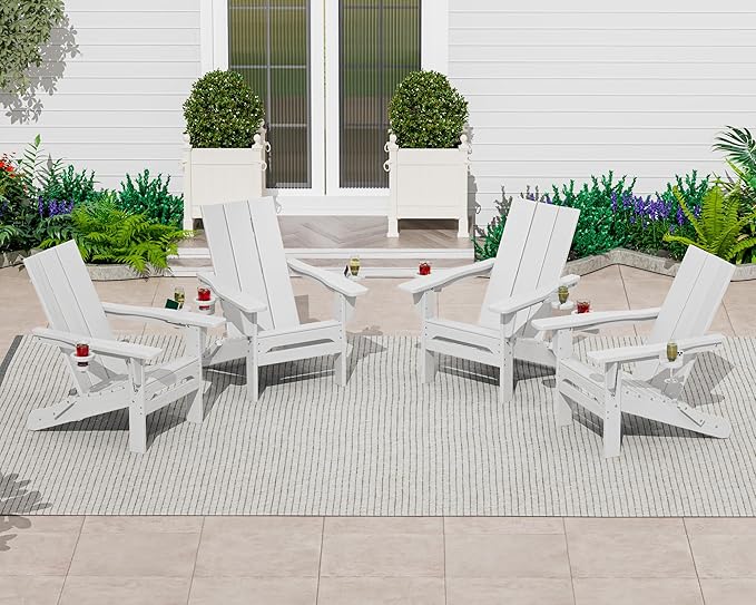 SERWALL Modern Folding Adirondack Chair Set of 2, Weather Resistant HDPE Outdoor Adirondack Chair with Cup Holders, Fire Pit Chairs for Patio Lawn Garden, White