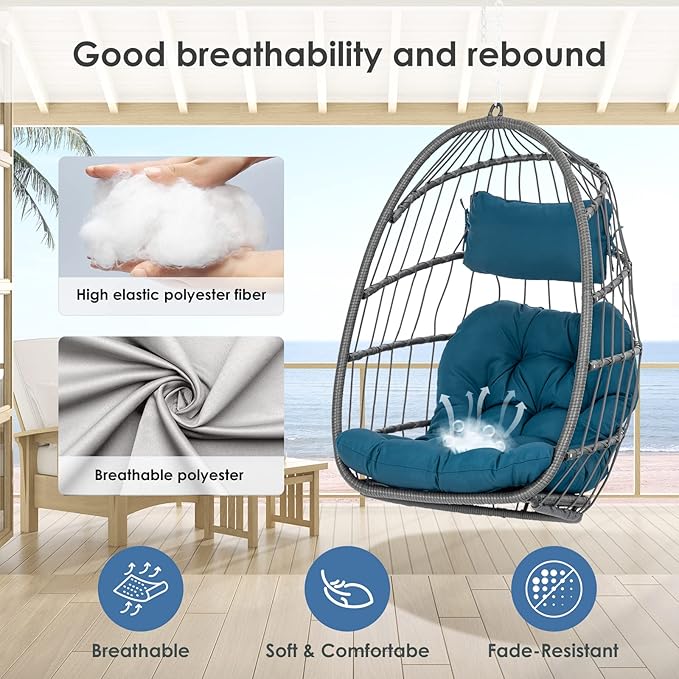 Hanging Egg Chair - Patio Rattan Wicker Swing Egg Chair Hammock Chair for Indoor Outdoor Bedroom Garden - Aluminum Steel Frame UV Resistant Cushion (Aluminum-Without Stand, Teal Blue)