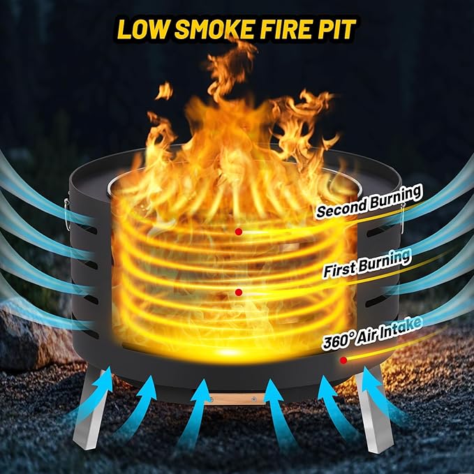 26" Smokeless Fire Pit with 360° Airflow, Dual-Burn Technology & Removable Ash Pan – Low-Smoke Outdoor Fire Bowl with Rust-Resistant 304 Stainless Steel for Patio, Yard & Camp