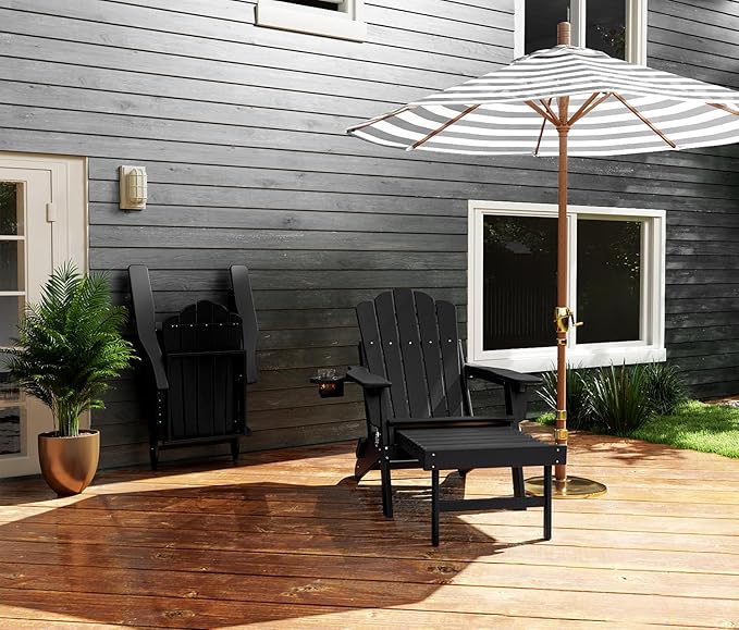FOOWIN Adjustable Adirondack Chair with Retractable Ottoman Set of 6, Folding Adirondack Chair with Cup Holder, HDPE All-Weather Fire Pit Chair for Patio, Yard, Poolside, Black
