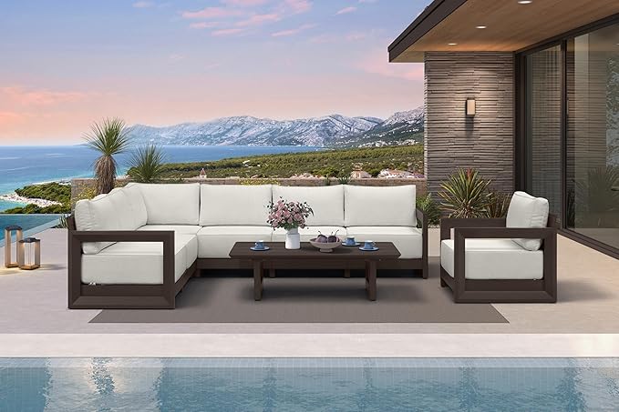 PURPLE LEAF Patio Furniture Set Open-End Outdoor Couch with 9.6" Thick Cushion and Soft Pillows 8 Piece Outdoor Sectional Sofas with Table Modern Outdoor Conversation Sets for Yard Deck Pool, Bronze