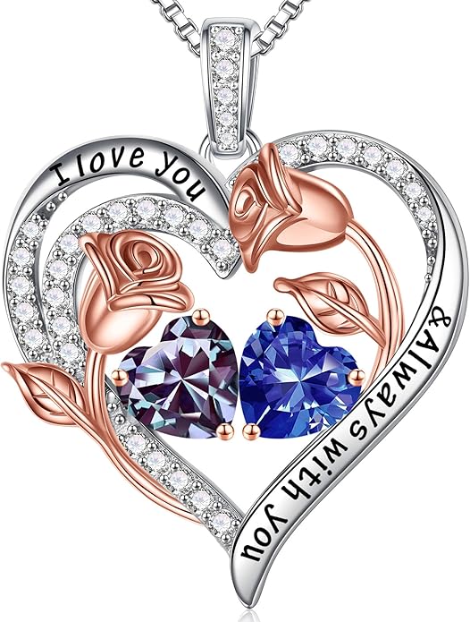 Iefil Christmas Gifts for Women Wife - 925 Sterling Silver Rose Heart Birthstone Necklace Birthday Anniversary Jewelry Gifts for Her Wife Mom Daughter