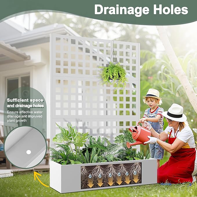 Metal Raised Garden Beds Outdoor with Trellis & Privacy Screen for Outdoor Plants, Planter Box for Climbling Plants, Flowers, Vine, Large Garden Boxes with Drainage Holes (47"L×16"W×71"H, White)