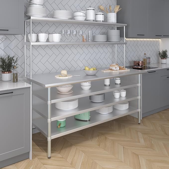 Amgood 30" x 72" Stainless Steel Work Table with 3 Shelves and 12" Wide Double Tier Overshelf | Metal Kitchen Prep Table & Shelving Combo | NSF