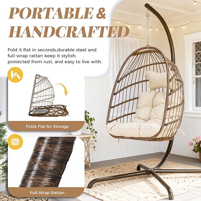 BLUEXYARD Hanging Egg Chair with Stand, 350 Lbs Heavy-Duty Wicker Swing Hammock Swing Basket with Padded Cushion, Modern Dome-Style Eggshell Seat for Indoor Outdoor Patio Garden Bedroom, Brown Tan