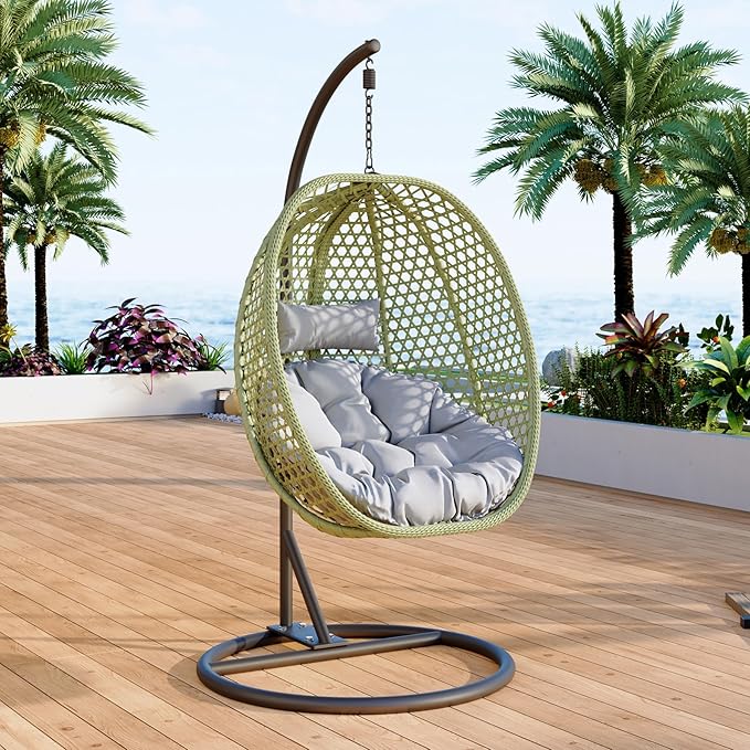 Egg Swing Chair Outdoor with Stand, Hanging Egg Rattan Basket Chair with Cushion and Pillow, Lounge Chair, Foldable Basket and Metal Stand for Porch, Patio, Bedroom, Balcony,Yard (Green)