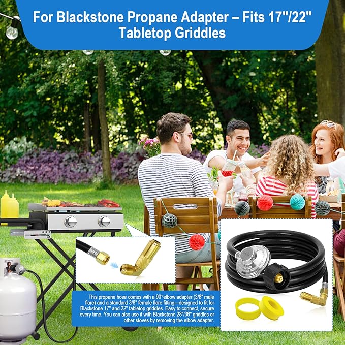 5 FT Propane Adapter Hose & Regulator with 90° Elbow Adapter for Blackstone Propane Adapter Hose, for Blackstone 17", 22", 28", 36" Tabletop Griddle, for 1lb to 20lb or Larger Propane Tank Adapter.