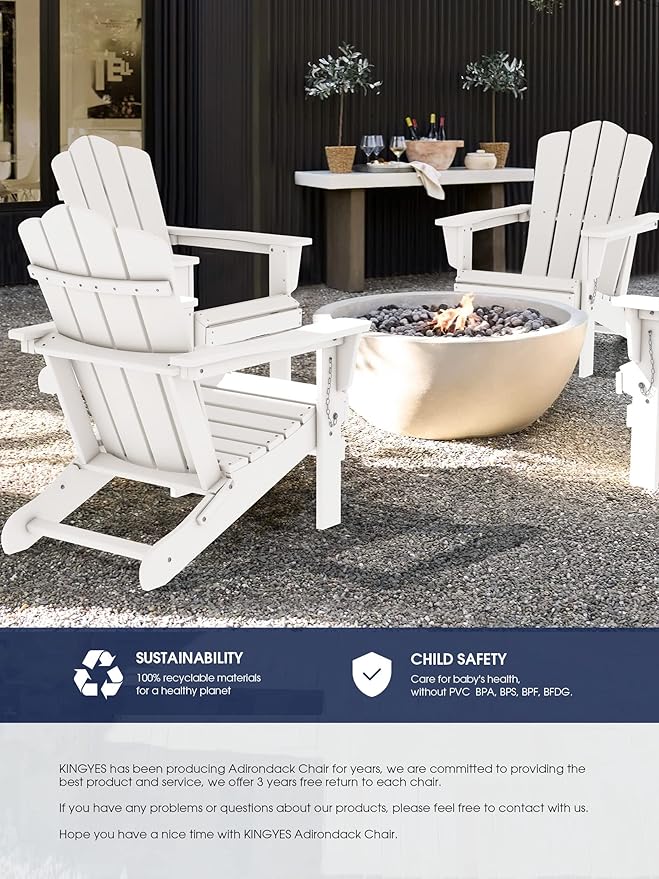 KINGYES Folding Adirondack Chair, HDPE All-Weather Patio Chairs, Wooden Textured Lawn Chair for Poolside, Backyard, Deck, Fire Pit, White