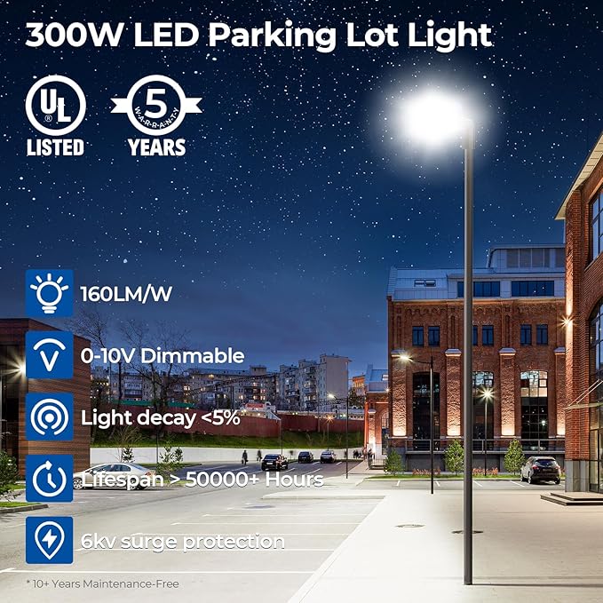 CINOTON LED Parking Lot Light - 48000LM 300W UL Listed - 0-10V Dim Dusk to Dawn - IP65 Adjustable Slipfitter Mount Outdoor Security Lighting for Square Street Court Stadium Driveways, 5000K, 100-277V