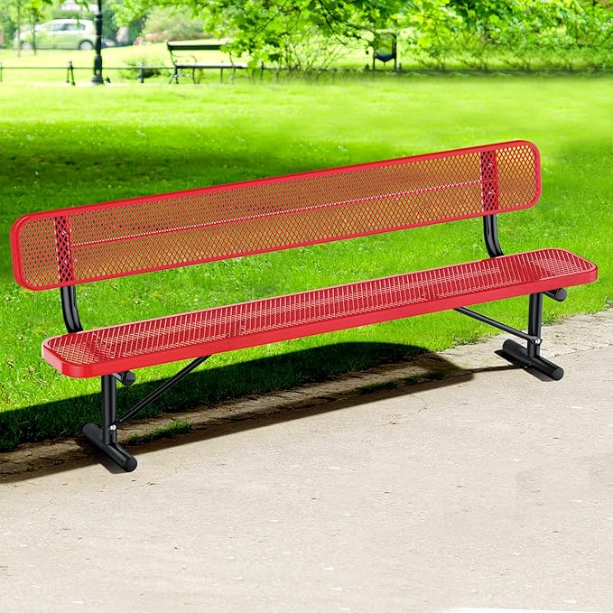 Heavy Duty Park Bench for Outside, Metal Park Bench with Back Portable Frame, Outdoor Steel Mesh Garden Bench with Backrest for Garden, Lawn, Patio, Porch, Park, Yard (Red, 6FT/73INCH)