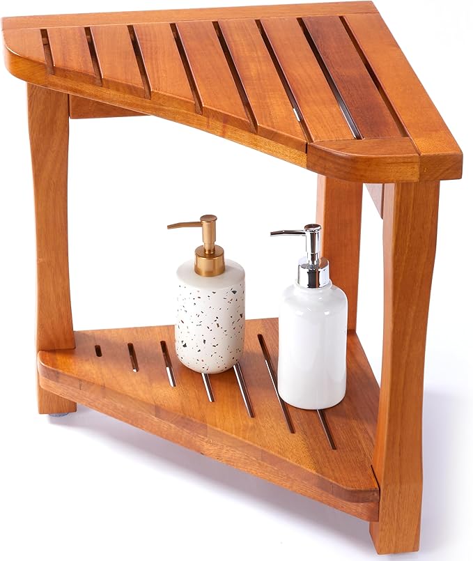 Teak Shower Bench for Inside Shower - 100% Grade A Solid Teak Wood Shower Stool, Waterproof Wooden Bath Bench Seat with Storage Shelf, Non-Slip Spa Chair