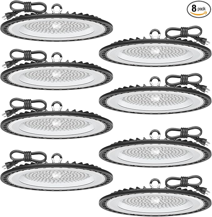 UFO LED High Bay Light 150W 22500LM 5000K, 600W HID/HPS Replacement, Cable with Plug, Ultrathin Led High Bay Shop Lights for Warehouse Garage Gym, Workshop 8Pack