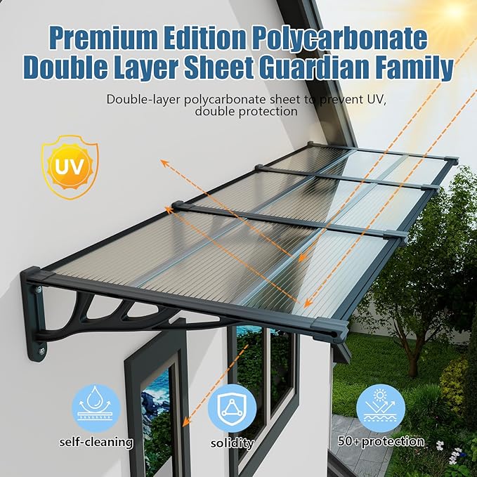Door Awning Window Canopy, Modular Spliced Awnings for Outside,Porch,Patio,Deck,Polycarbonate Sheet,UV, Rain, and Snow Protection (Brown Board & Black Bracket, 35 * 48'')