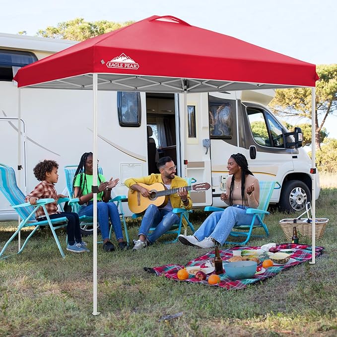 EAGLE PEAK Pop Up Canopy Tent with Wheeled Carry Bag, 8 Stakes, 4 Ropes, Easy Set Up Tent Canopy, 8x8 ft, Red