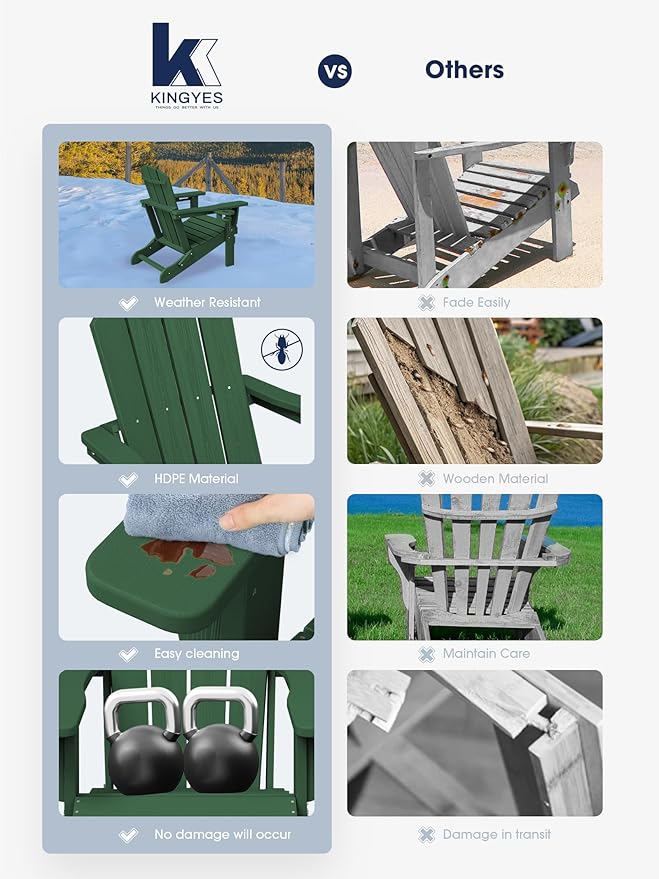 KINGYES Folding Adirondack Chair Set of 8, Dual Cup Holders & All-Weather HDPE, Wood-Like Patio Chair for Backyard, Camping, Pool & Fire Pit, Dark Green