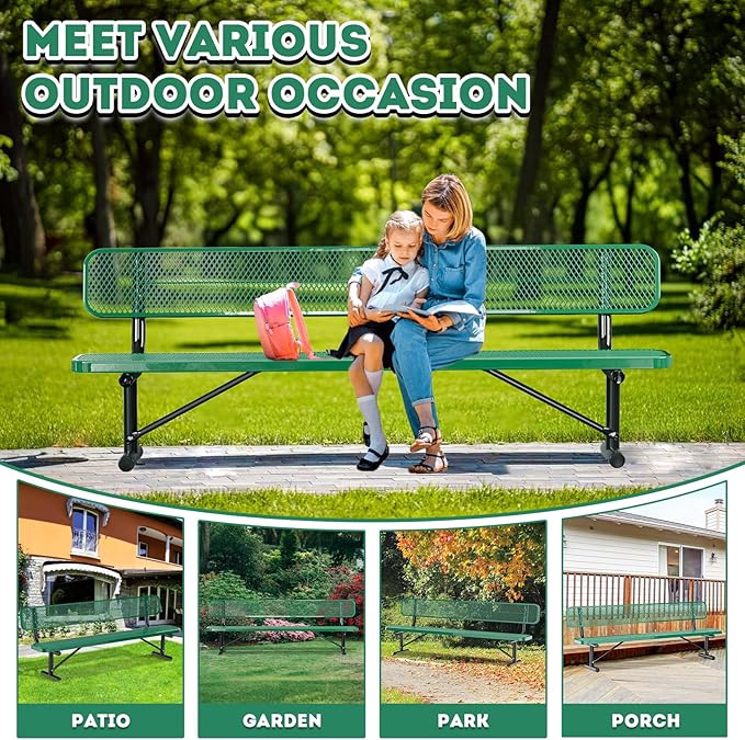 8Ft Outdoor Bench with Back Portable Frame, Outdoor Steel Park Bench with Backrest, Expanded Metal Mesh Bench for Outside, Lawn, Backyard, Park, Deck, Garden, Patio, Porch, Green