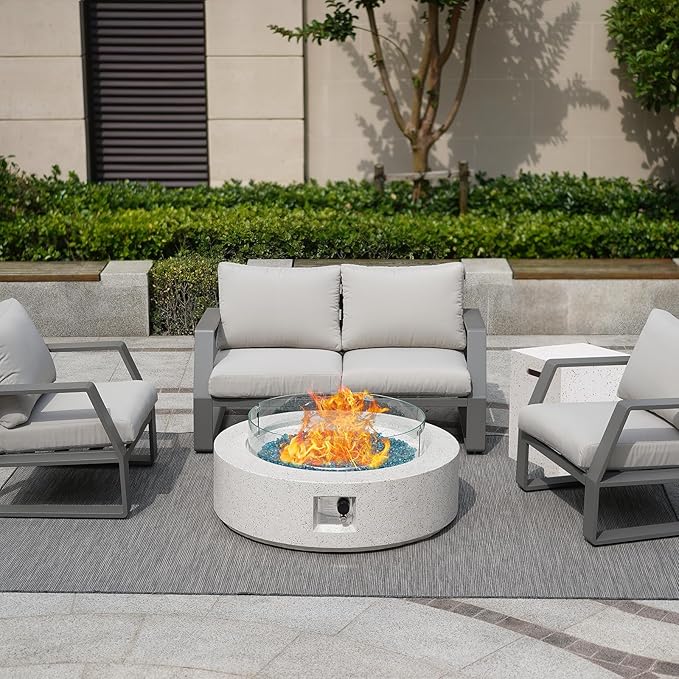 NAGA HABNA 41 Inch Propane Fire Pit Table, Rectangle Outdoor Fire Table w Tank Table (50,000 BTU), 3 Piece Gas Fire Pit w Glass Wind Guard and Blue Fire Glass for Garden, Pool, Backyard