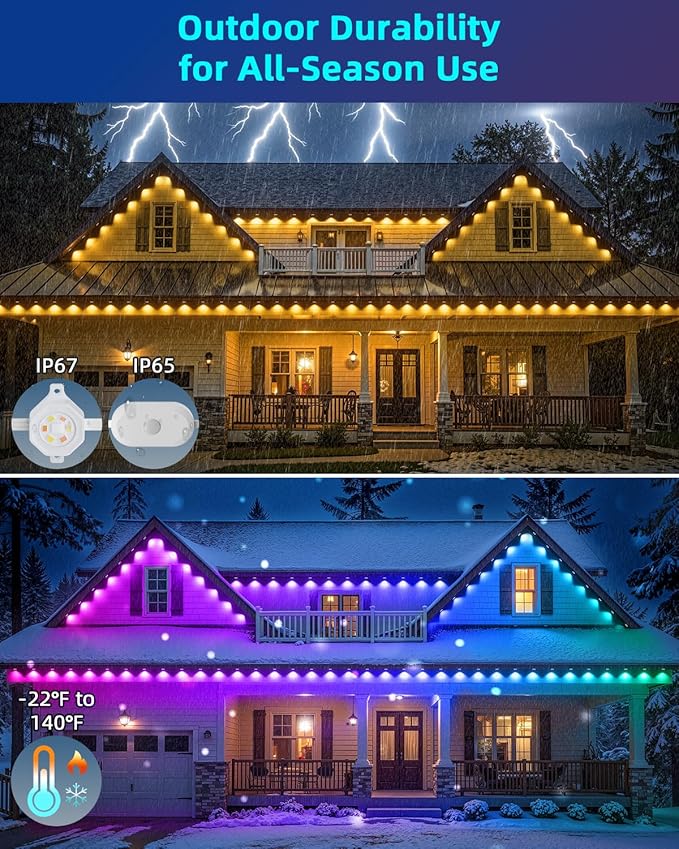 REYLAX Permanent Outdoor Lights Pro, 100ft with 72 Triple-LED 135lm, RGB+IC Smart Eaves Christmas Lights for House, IP67 Waterproof, Multi Scenes for Outdoor Decor, Works with Alexa, Google, Remote