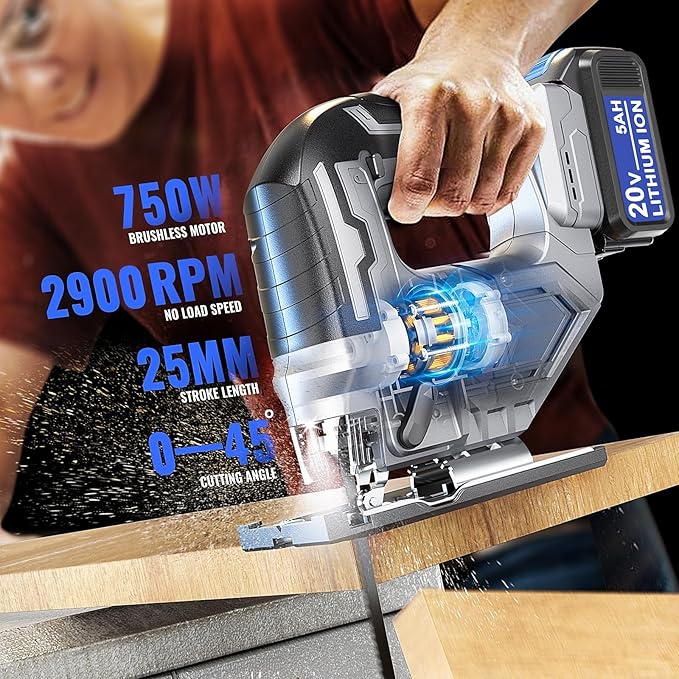 Ecarke Cordless Jigsaw Compatible with Dewalt 20V, Brushless Motor, Variable Speed, LED Light, 0°-45° Bevel Cuts, 3-Position Orbital Action for Cutting (With 5Ah Battery & Charger Station Kit)