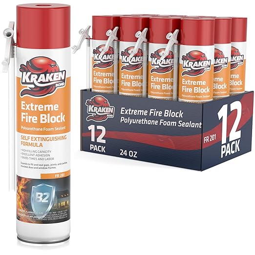 Kraken Bond Extreme Orange Fire Block Foam - (12x24oz) Fire Rated Polyurethane Spray for Gap Filling, Sealing on Windows, Walls, Joints & Pipes, Straw Use High Expansion Fire Proof Foam - 12 Pack