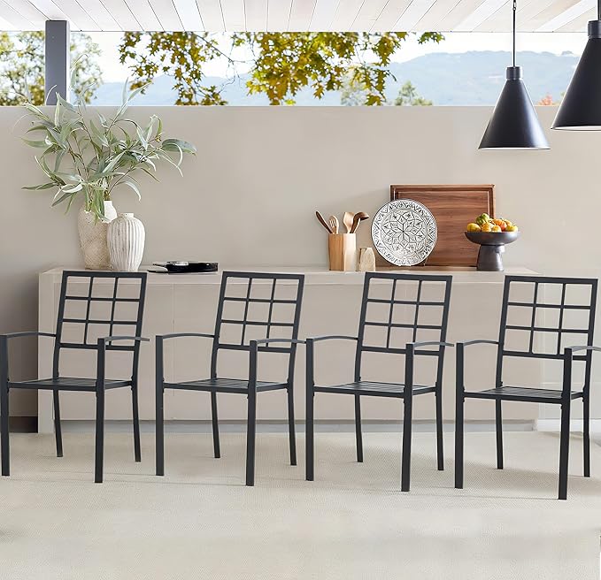 7 Piece Outdoor Dining Set, Patio Dining Set for 6, 47" Black Round Table with 6 Armrest Black Metal Outdoor Dining Chairs for Lawn, Garden, or Porch