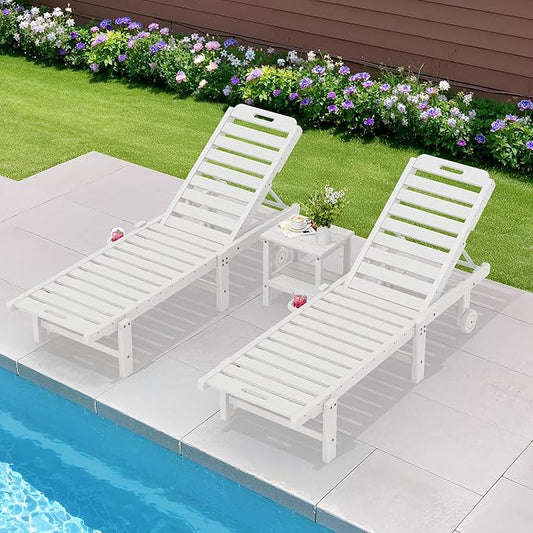 SERWALL Patio Chaise Lounge Set of 2, HDPE Outdoor Lounge Chair with Cup Holder, 5 Positions Adjustable Pool Lounge Chair with Rolling Wheels for Poolside, Deck, Sunbathing, White