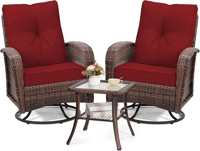 Luxury Outdoor Swivel Wicker Glider Patio Chairs with Table Set, Overstuffed Washable Cushions, Ideal for Porch, Balcony, Deck, Brown Rattan and Red Cushion