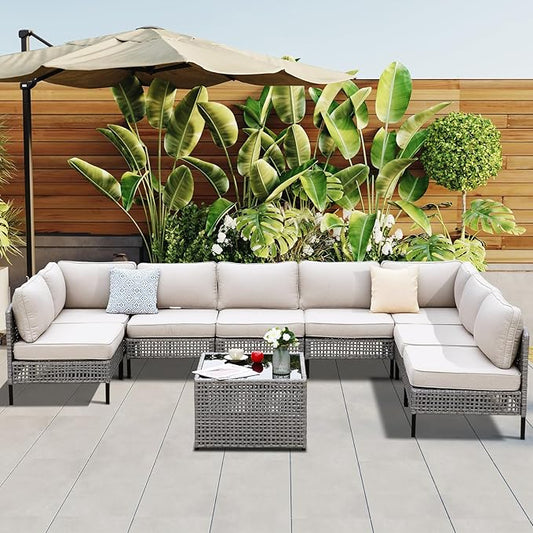 9-Piece Outdoor Modular Wicker Patio Sofa Set with 2 Armchairs, 6 Armless Chairs and Coffee Table, PE Rattan Sectional with 4" Beige Cushions for Garden, Deck, Porch