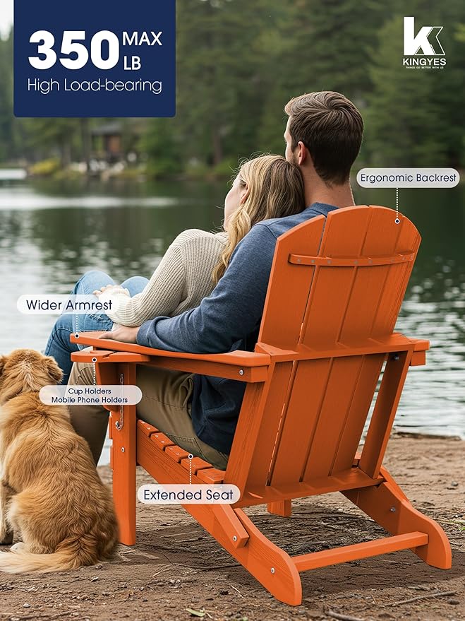 KINGYES Folding Adirondack Chair Set of 8, Dual Cup Holders & All-Weather HDPE, Wood-Like Patio Chair for Backyard, Camping, Pool & Fire Pit, Orange
