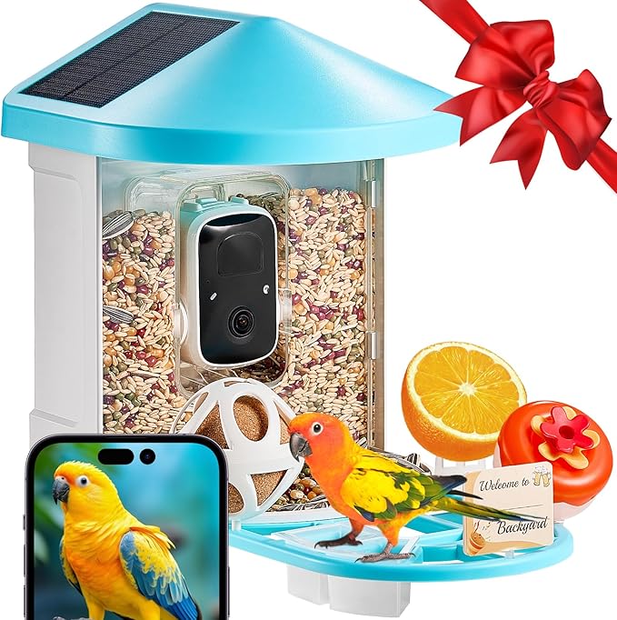 VEVOR Smart Bird Feeder with Camera, Solar Powered Wireless Camera Bird Feeder with 2 Solar Panels, Live Video, AI Identify, Auto Detect & Instant Notify, and 2K Full HD, Ideal Gift for Bird Lover