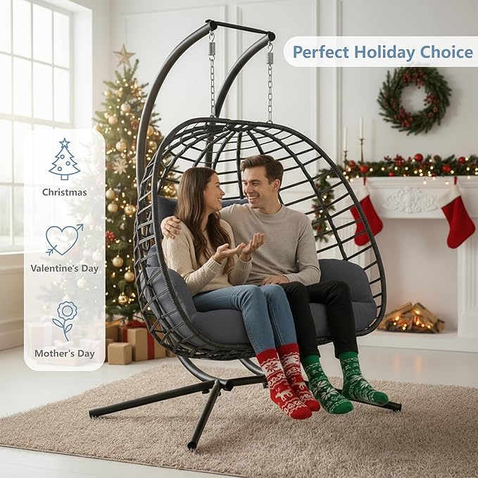 SWITTE Double Egg Swing Chair with Stand, Outdoor Patio 2 Person Hanging Wicker Hammock Chairs with Cushion for Indoor Bedroom, Lawn, Garden-Dark Grey