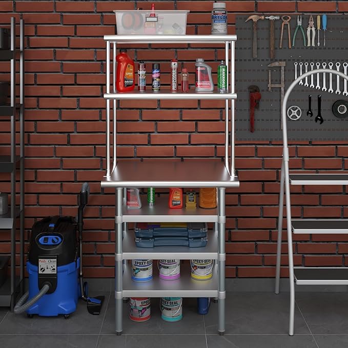 Amgood 24" x 30" Stainless Steel Work Table with 3 Shelves and 18" Wide Double Tier Overshelf | Metal Kitchen Prep Table & Shelving Combo | NSF