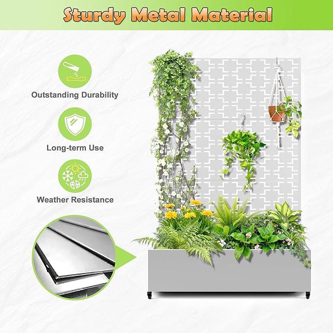 Metal Raised Garden Bed with Trellis, 2-in-1 Planter Box & Privacy Screen for Climbing Plants, Outdoor Standing Flower Bed with Drainage Holes, 47.2" L x 16.7" W x 70.8" H, White-Square