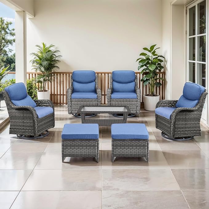Outdoor Swivel Rocker Patio Chairs Set of 4 with Coffee Table - 5" Thick Cushion 7 Piece Furniture Set All Weather Comfortable Wicker Conversation Set for Porch Deck - Gray/Blue